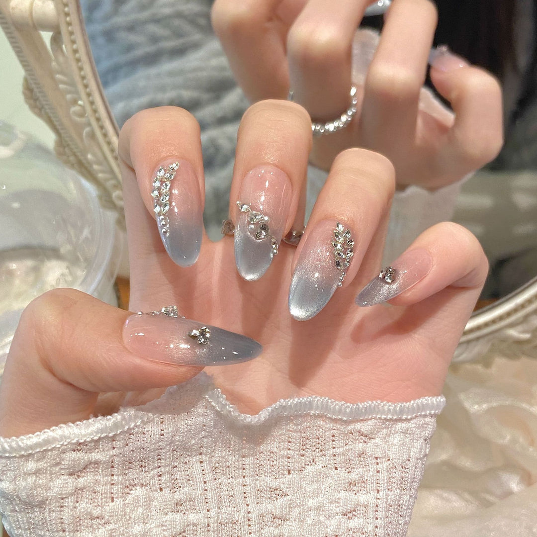 Artistic Romantic Press-On Nail Set with Gem Accents