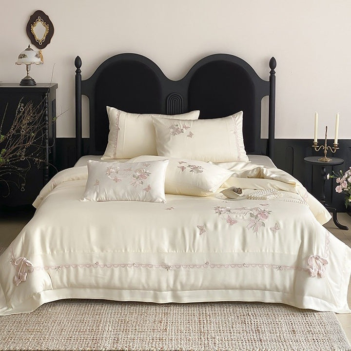 Elegant satin bedding set with rose and butterfly embroidery