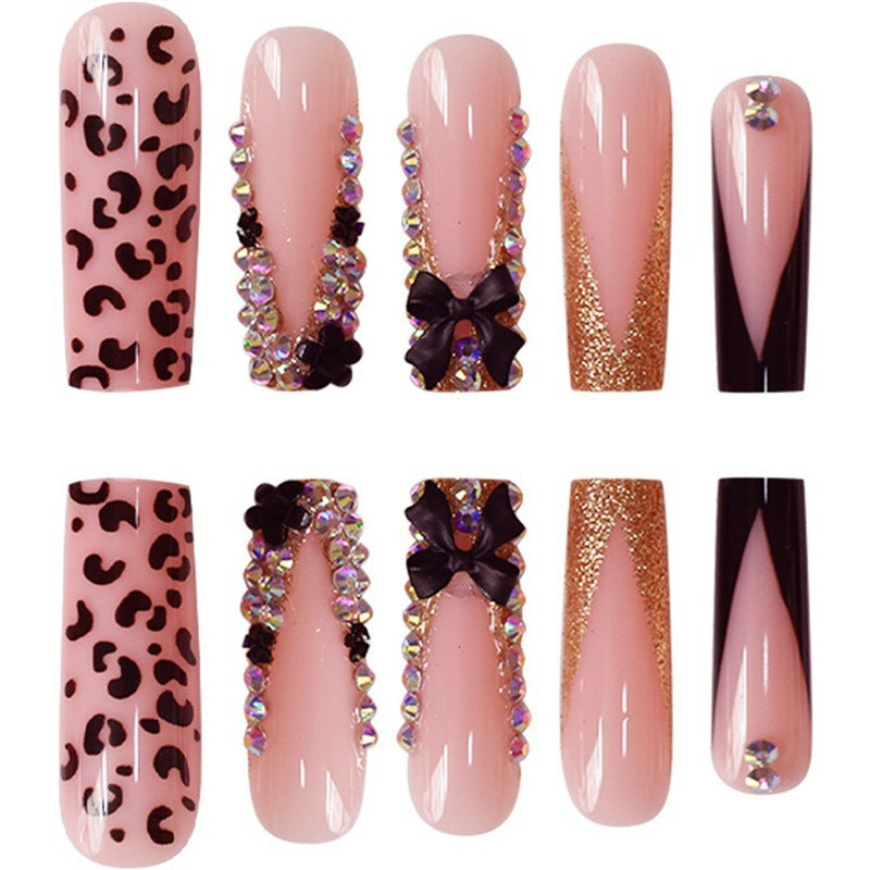Glamorous Press-On Nail Art Set with Rhinestone and Leopard Accents Kalsten