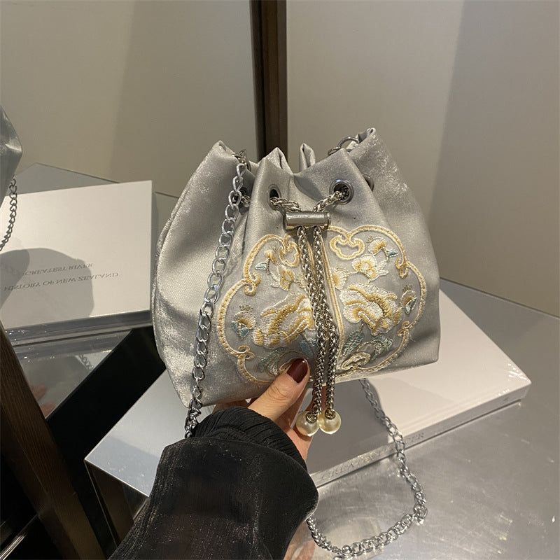 Embroidered Velvet Drawstring Handbag