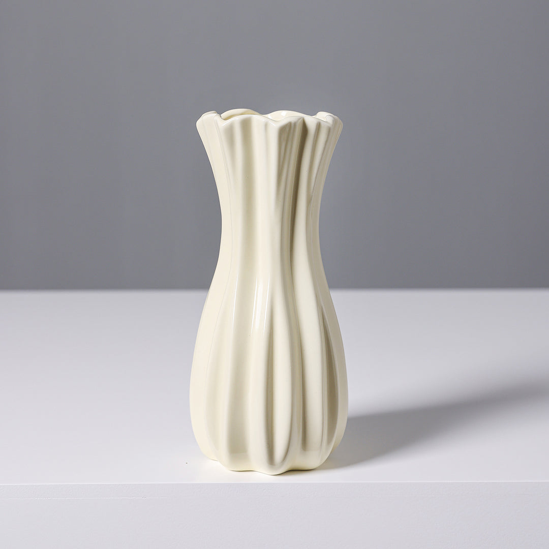 Elegant Fluted White Ceramic Vase Kalsten