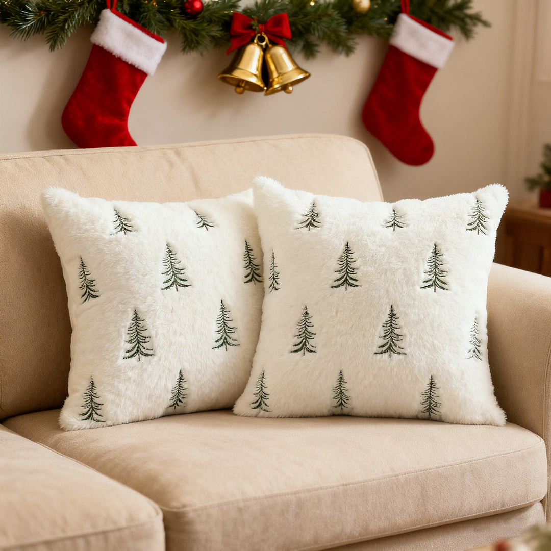 Embroidered Faux Fur Evergreen Decorative Throw Pillow Cover