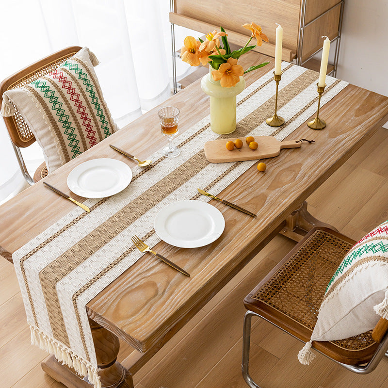 Handwoven Cotton Bohemian Tassel Table Runner with Neutral Geometric Stripes