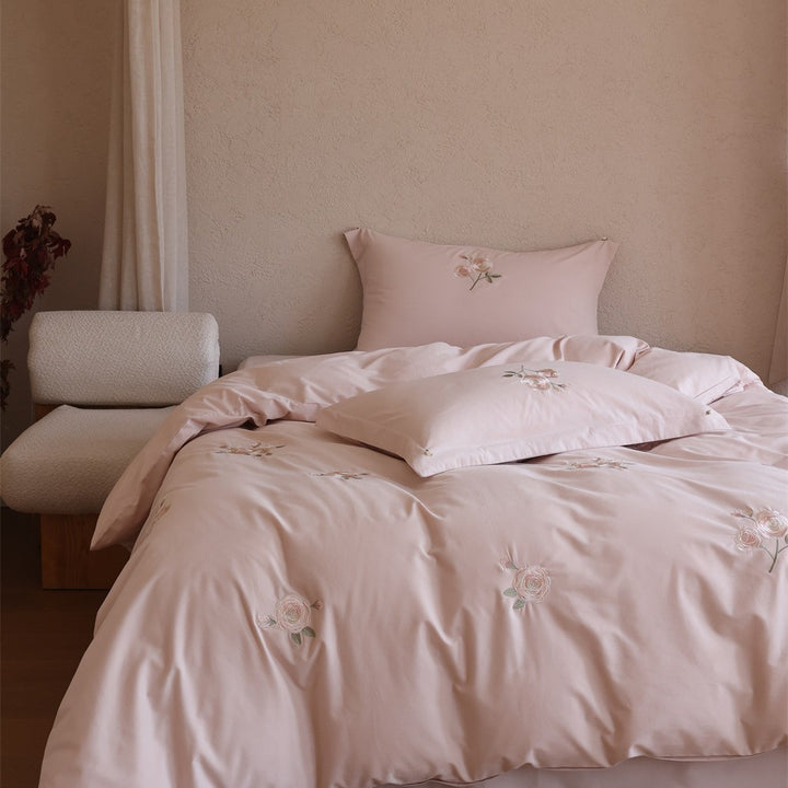 Elegant cotton satin bed cover set with rose embroidery and reversible look