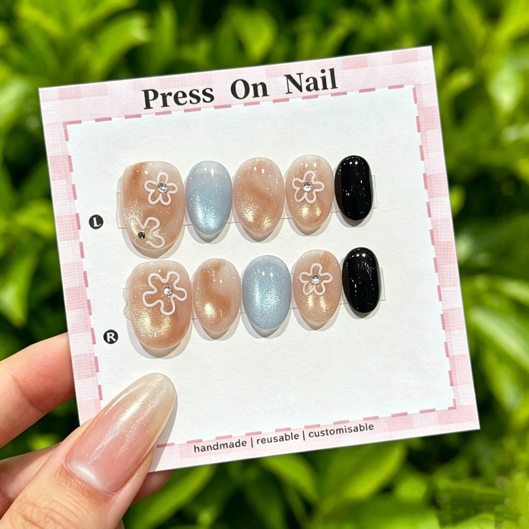 Artistic Press-On Nail Set with Floral Accents  1791773601