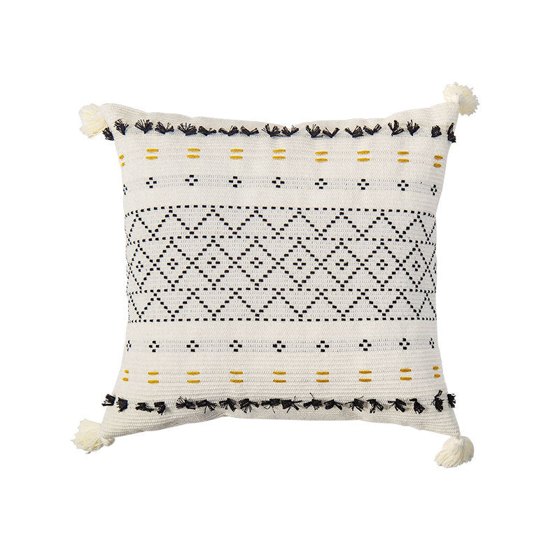 Square decorative cushion cover made of cotton blend with hand-tufted geometric relief and tassels