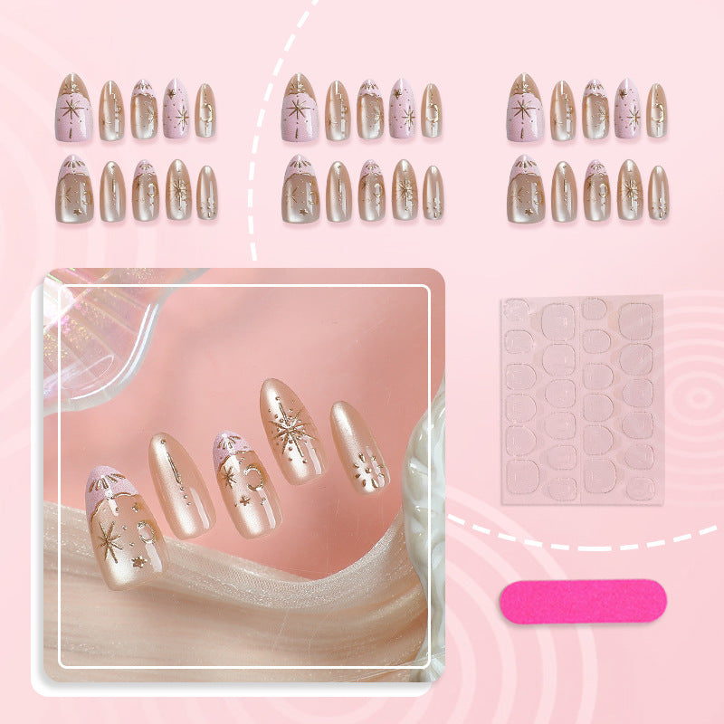 Artistic Press-On Nail Art Set with Elegant Gold Accents