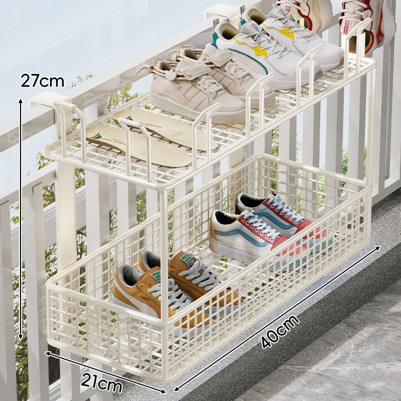 Over-Rail Balcony Shoe Drying and Storage Basket with Divided Mesh Compartments