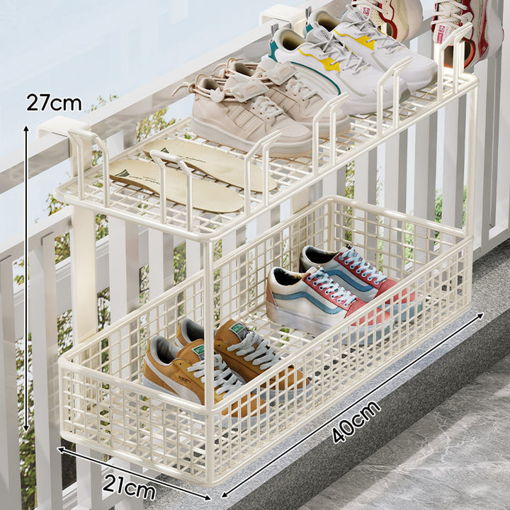 Over-Rail Balcony Shoe Drying and Storage Basket with Divided Mesh Compartments