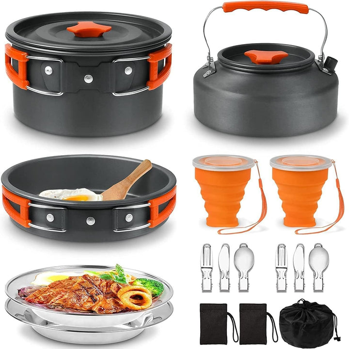 lightweight nonstick anodized aluminum camping cookware set with folding-handle pot and kettle, collapsible silicone cups, stainless plates and cutlery Kalsten