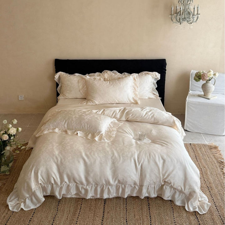 Satin-Duvet cover set with delicate ruffles and tonal jacquard floral relief
