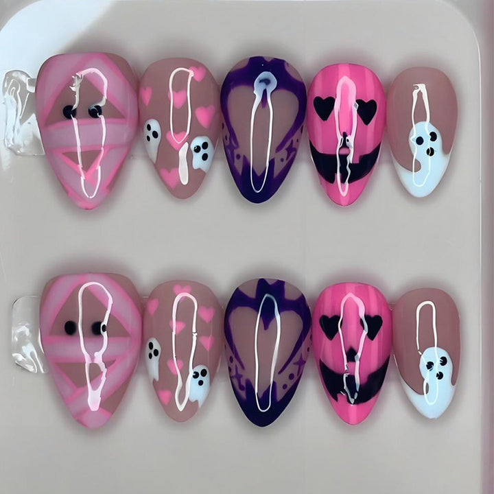 Halloween Artificial Nail Set with Playful Ghost and Heart Designs Kalsten