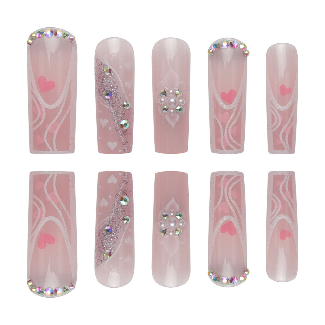 Decorative Press-On Nail Set with Heart and Gem Accents Kalsten
