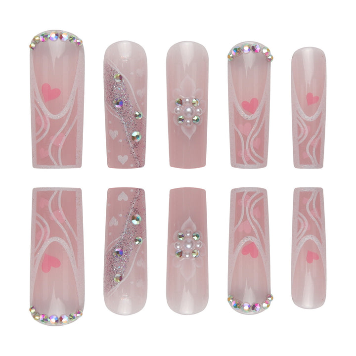 Decorative Press-On Nail Set with Heart and Gem Accents Kalsten