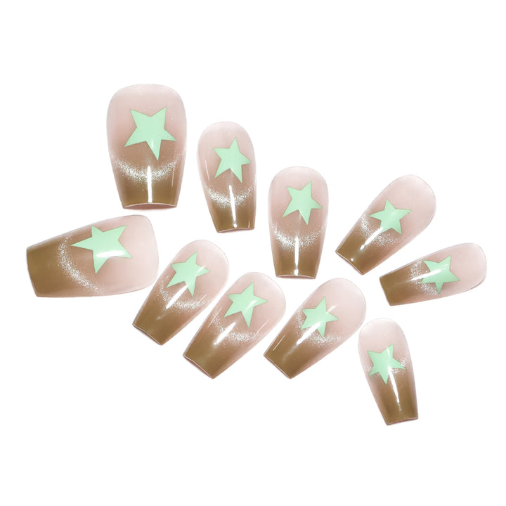 Artificial nail extensions with shimmer effect and star motifs Kalsten