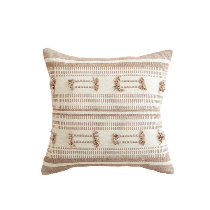 Square Tufted Cotton Throw Pillow with Knotted Corner Tassels and Raised Geometric Texture