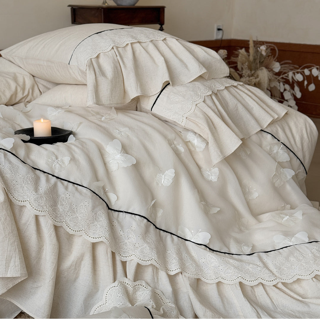 Romantic cotton bedding set with embroidery, lace frill, and fine piping