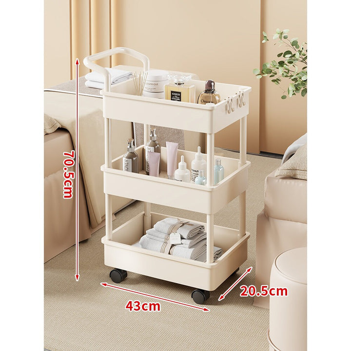 Compact Two-Tier Rolling Storage Trolley with Handle and Hooks