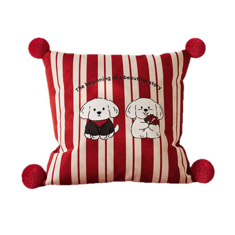 Polka Dot Bouclé Cushion Cover with Faux-Fur Pom-Pom Corners and Gift Bow Motif