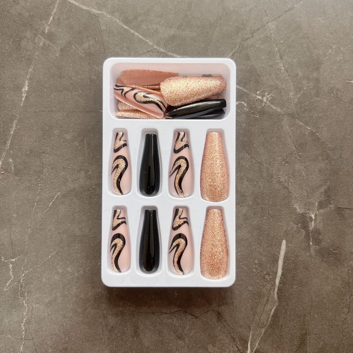 Artistic Press-On Nail Set with Glitter and Abstract Designs