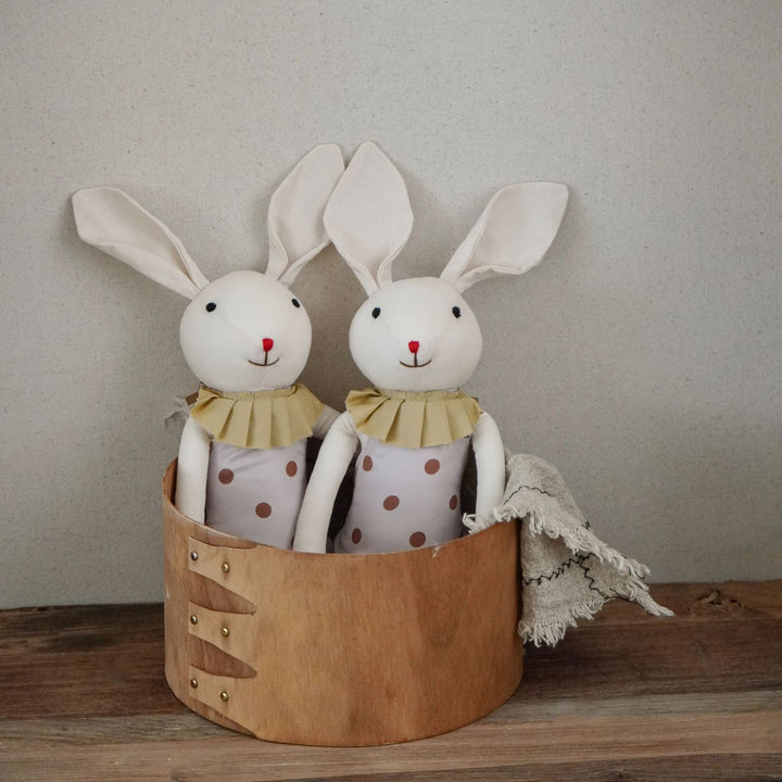 Soft Long‑Leg Linen Bunny Plush with Checkered Collar and Gathered Overalls