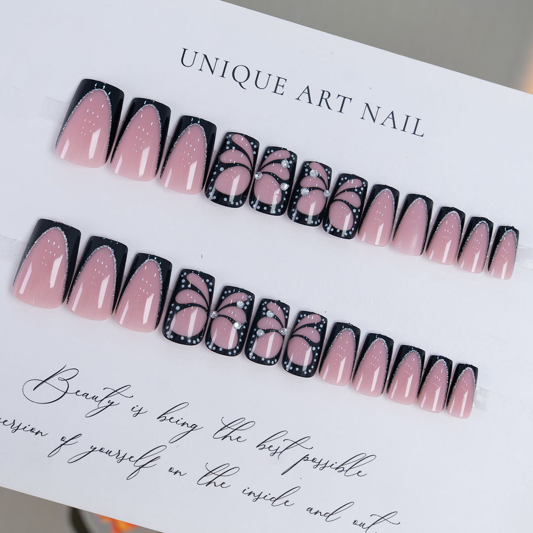 Artistic Press-On Nails with Rhinestone Accents