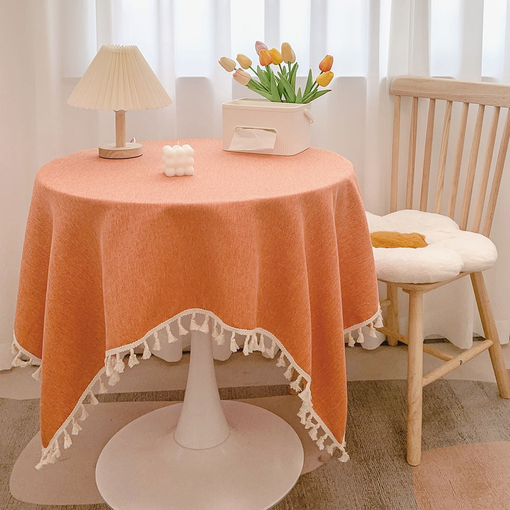 Round Textured Tassel-Trim Tablecloth with Linen-Feel Draped Finish
