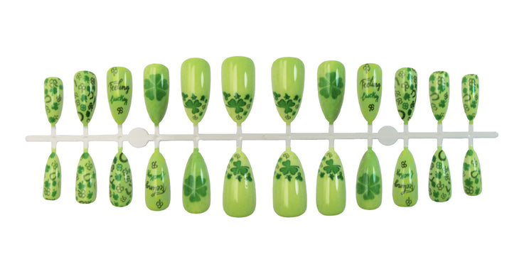 Art nail set with cheerful clover designs and casual lettering motifs Kalsten