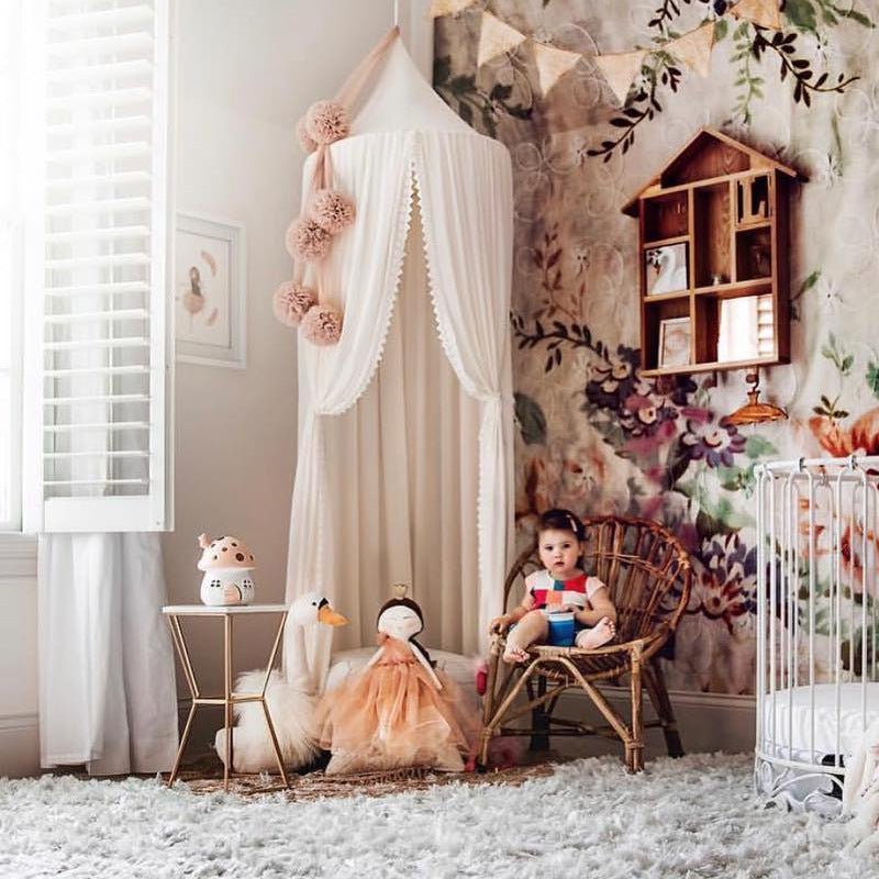 Decorative Ceiling-Mounted Play Canopy with Lace-Trim Sheer Drapes