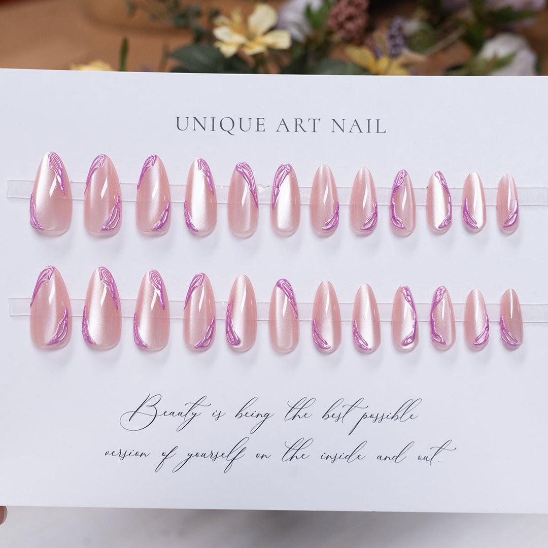 Long-Stiletto Gradient Press-On Nails with Artistic Swirl Design