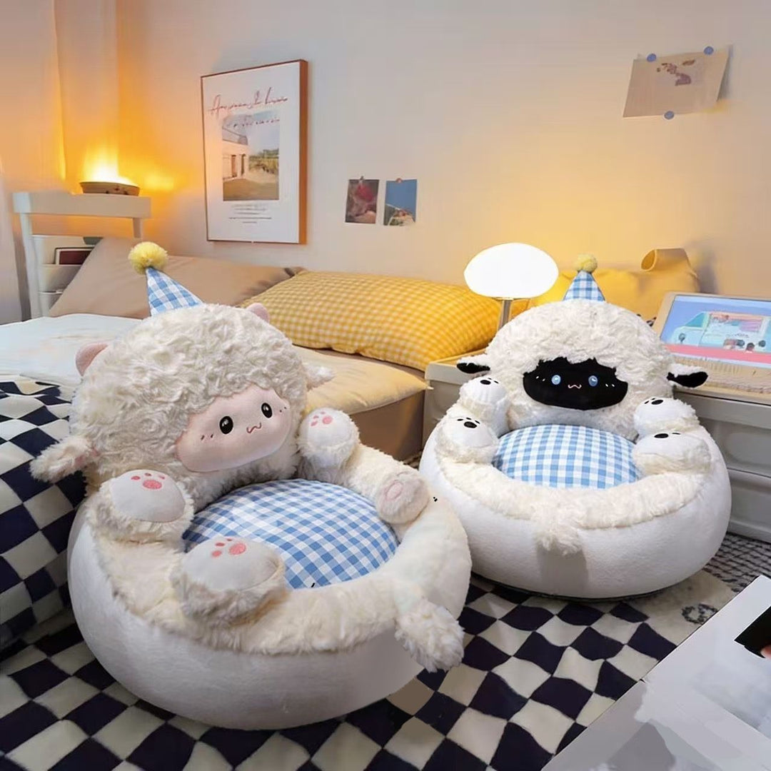 Padded children's armchair made of plush with a high backrest, armrests, and removable checkered seat cushion in sheep design