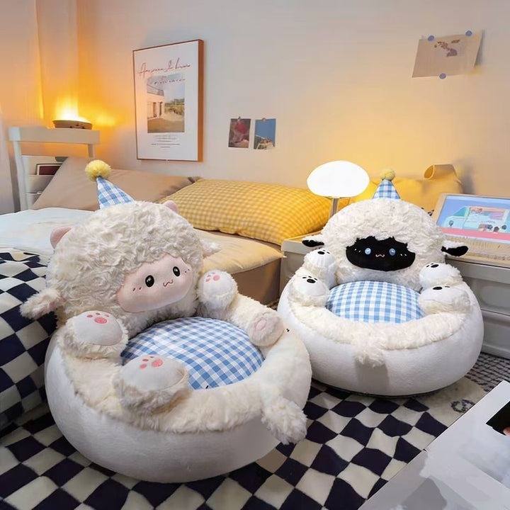 Padded children's armchair made of plush with a high backrest, armrests, and removable checkered seat cushion in sheep design