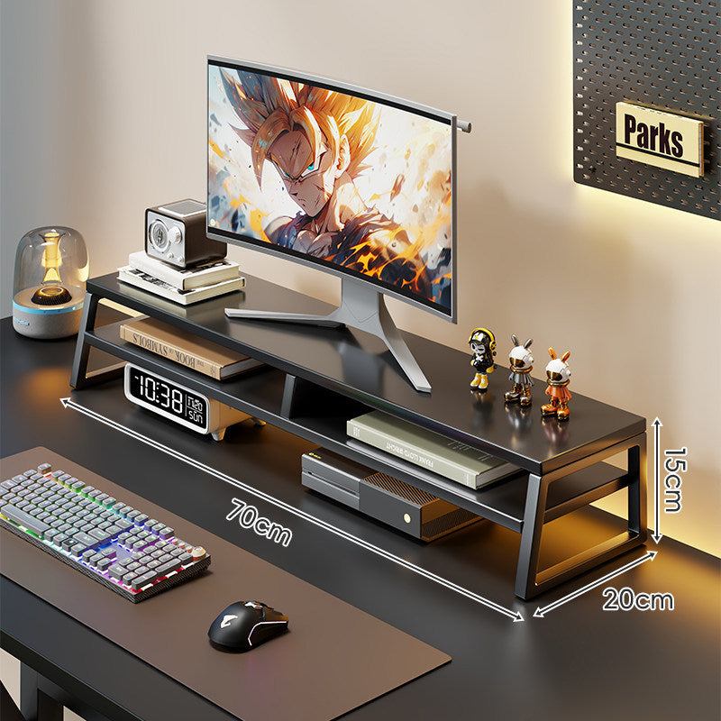 Curved Wood-Top Monitor Riser with Metal Frame and Under-Shelf Organizer