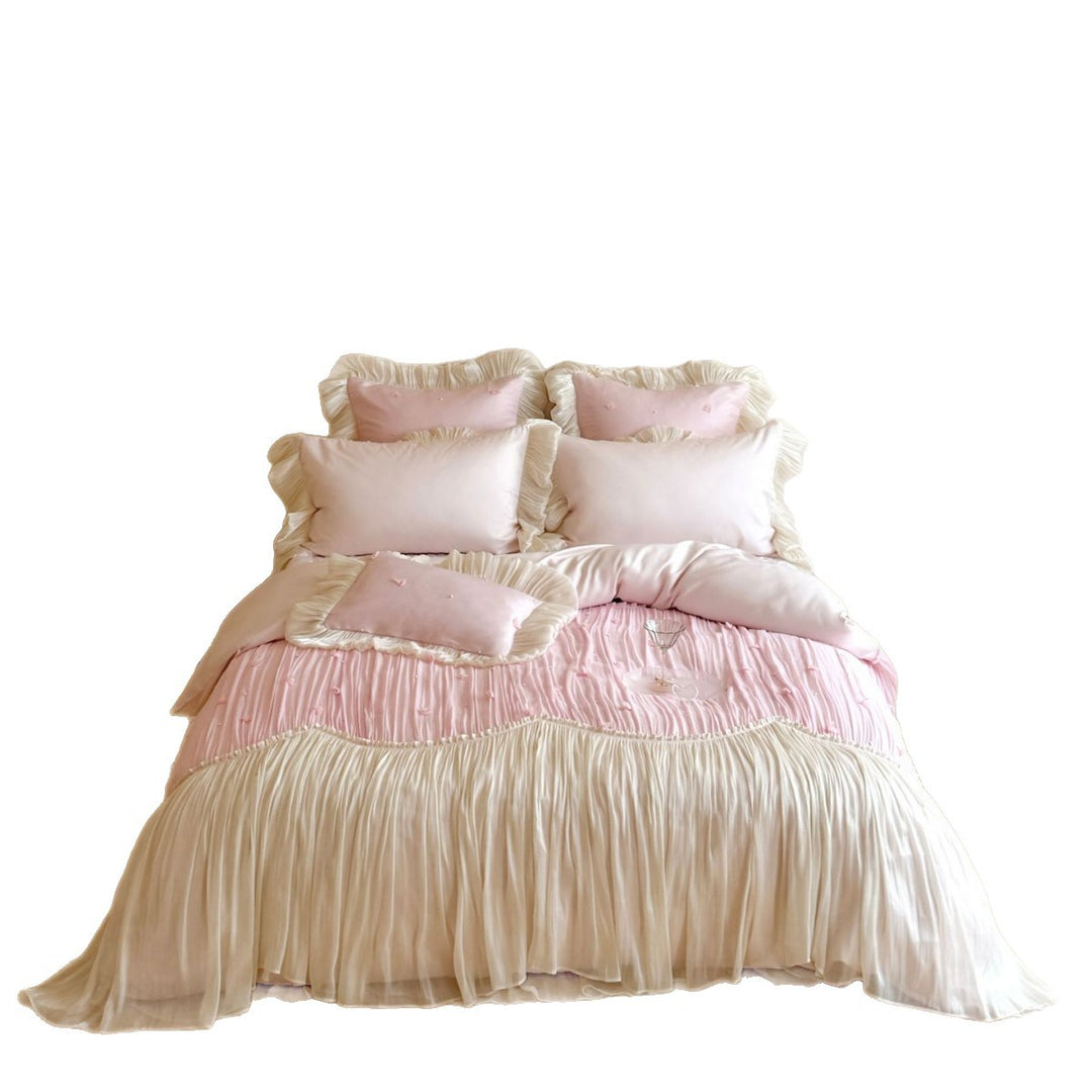 Luxurious romantic bedding set with pleated ruffles and decorative cushion