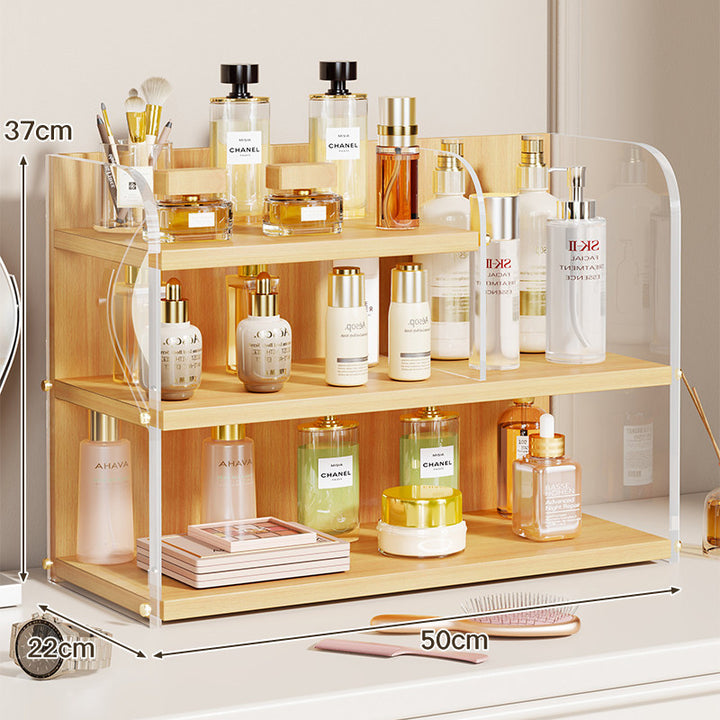 Two-Tier Countertop Beauty and Skincare Organizer with Adjustable Middle Shelf and Vertical Wire Panels