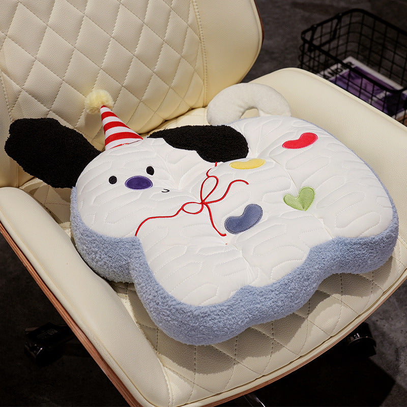 Padded plush dog-shaped cushion with ergonomic seating recess