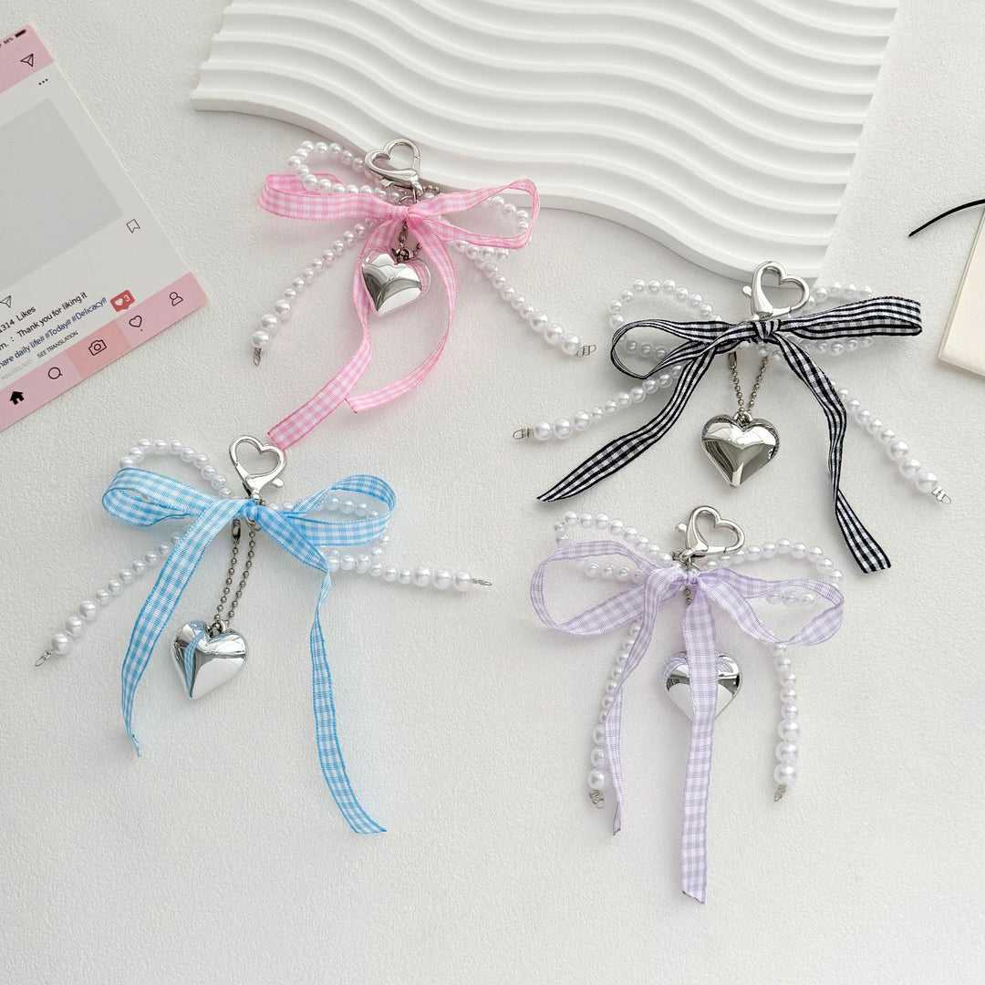 Heart-Shaped Charm Keychain with Pearls and Bow Kalsten