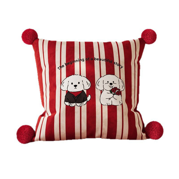 Decorative Cotton-Linen Square Throw Pillow with Pom-Pom Corners and Polka Dot Love Print