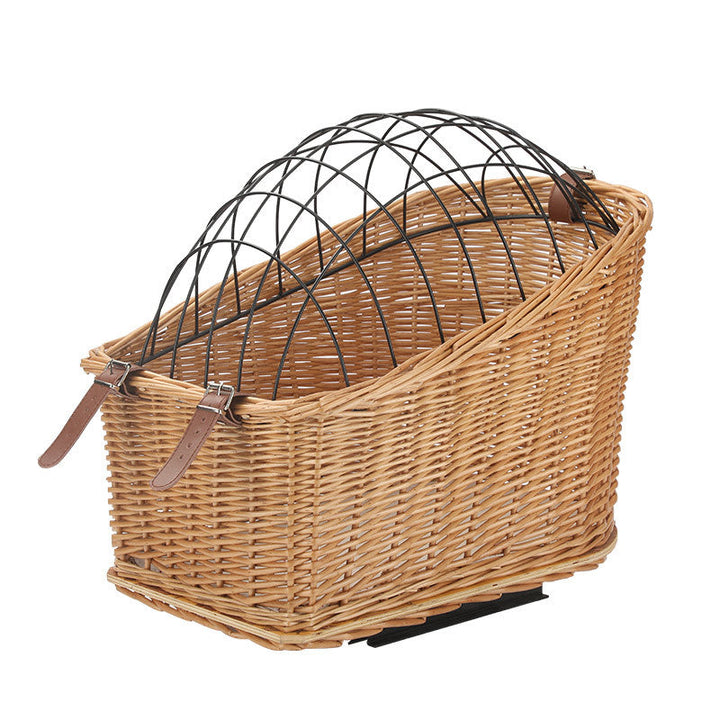 front-mount wicker bicycle pet carrier basket with foldable metal safety dome and adjustable leather buckle straps Kalsten