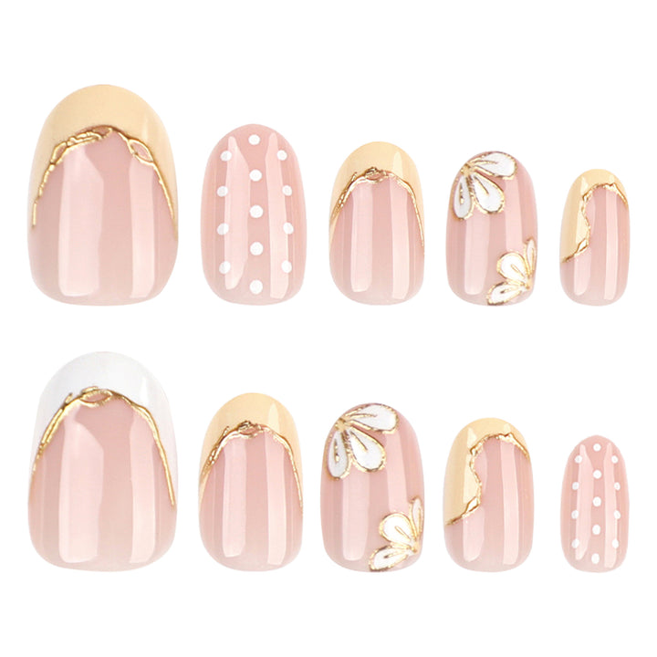 Artful Nail Extensions with Floral Design and Elegant Gold Accents Kalsten