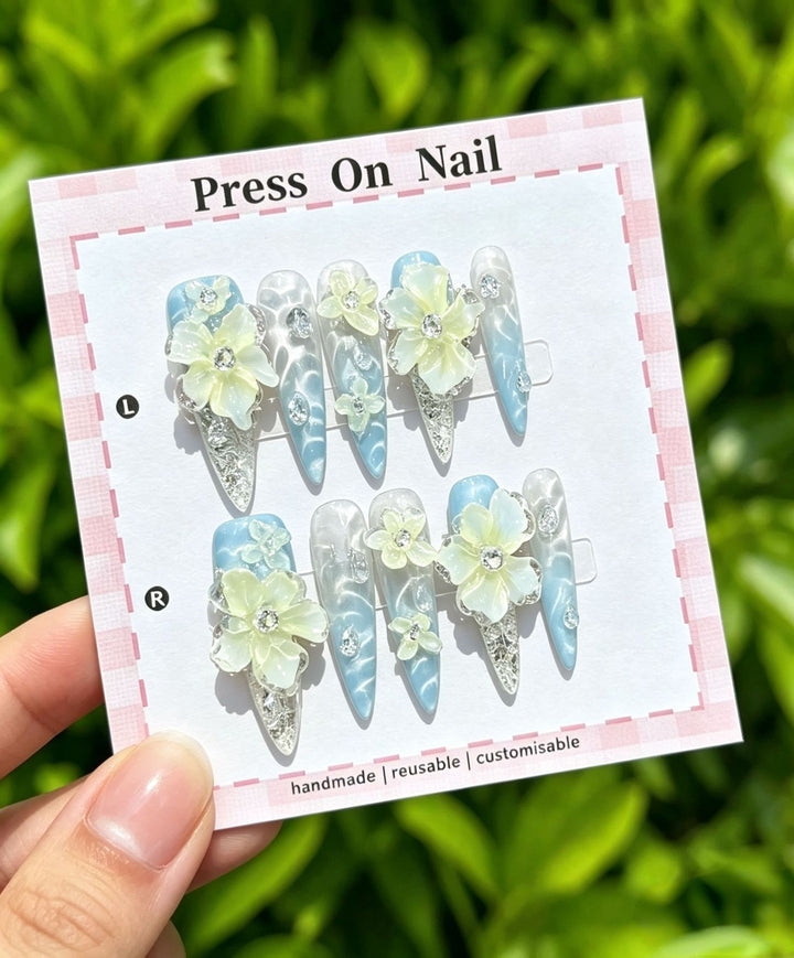 Artistic Press-On Nail Art Set with Cute Character and Bow Accents