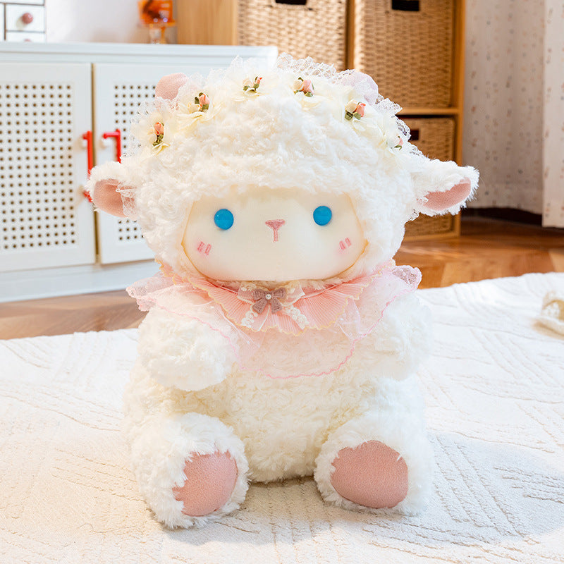Plush Lamb Sitting Collectible with Floral Lace Headband and Decorative Ruffle Collar Kalsten