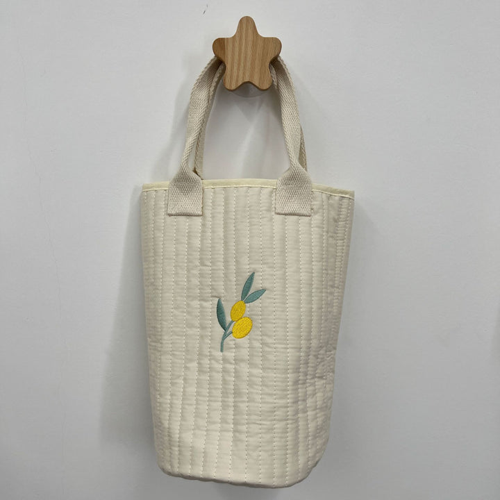 Quilted Cotton Canvas Tote Bag with Embroidered Lemon Motif and Short Webbing Handles