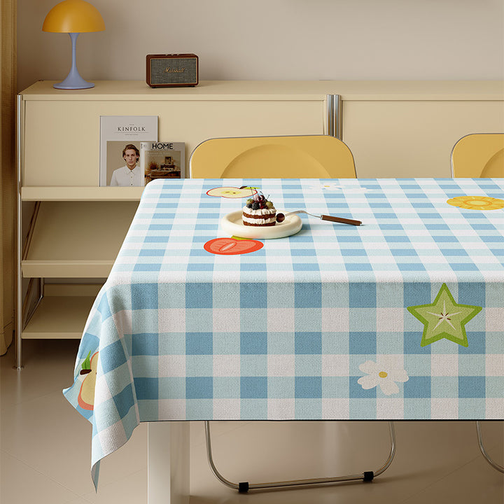 Waterproof Wipeable Gingham Rectangular Tablecloth with Playful Fruit Motifs