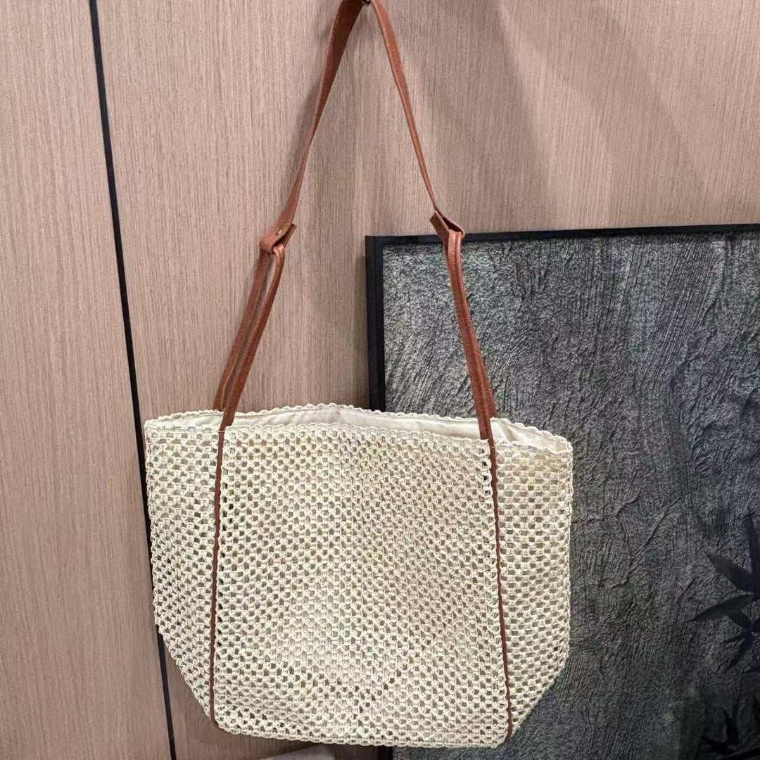 Woven Cotton Handbag with Leather Handles Kalsten