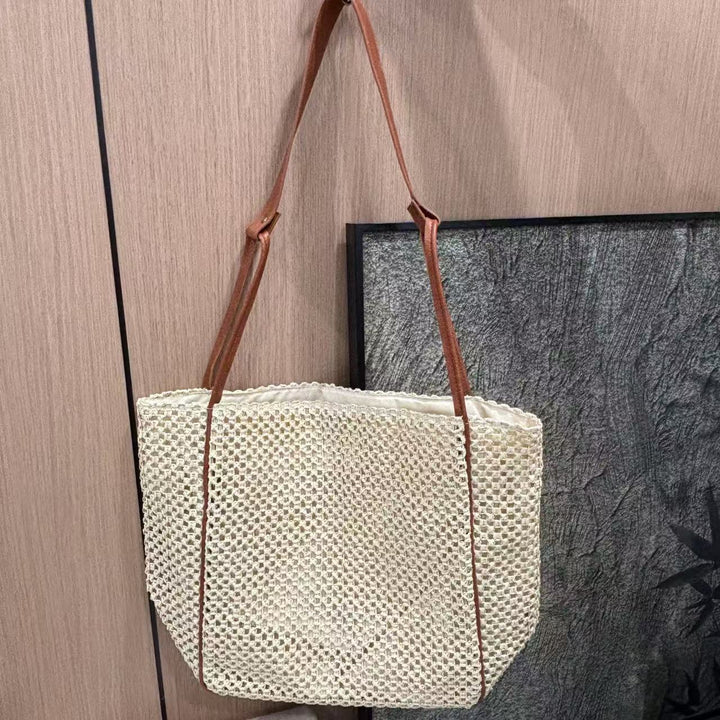 Woven Cotton Handbag with Leather Handles Kalsten