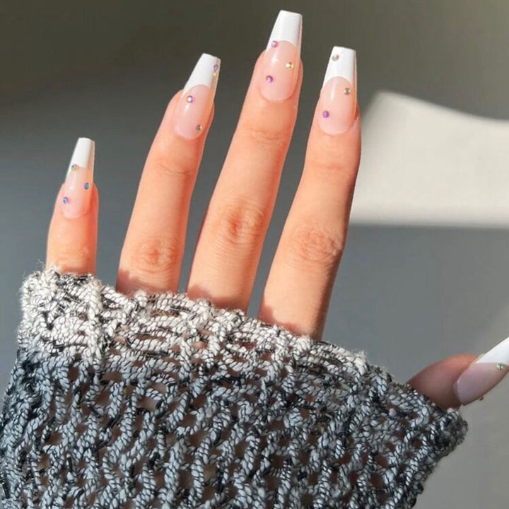 Elegant Iconic French Tip Press-On Nails with Rhinestone Accents Kalsten