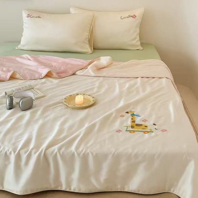 Children's satin bedding set with embroidered bunny moon and silky reversible throw