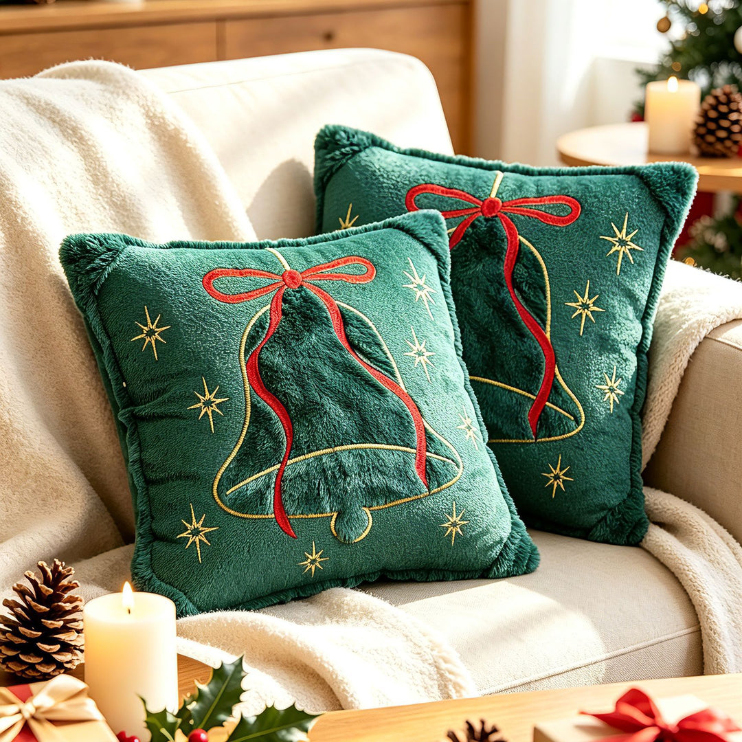 Luxury Embroidered Velvet Holiday Throw Pillow with Faux-Fur Fringe