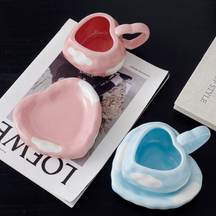 Playful ceramic heart cups with organic cloud saucer